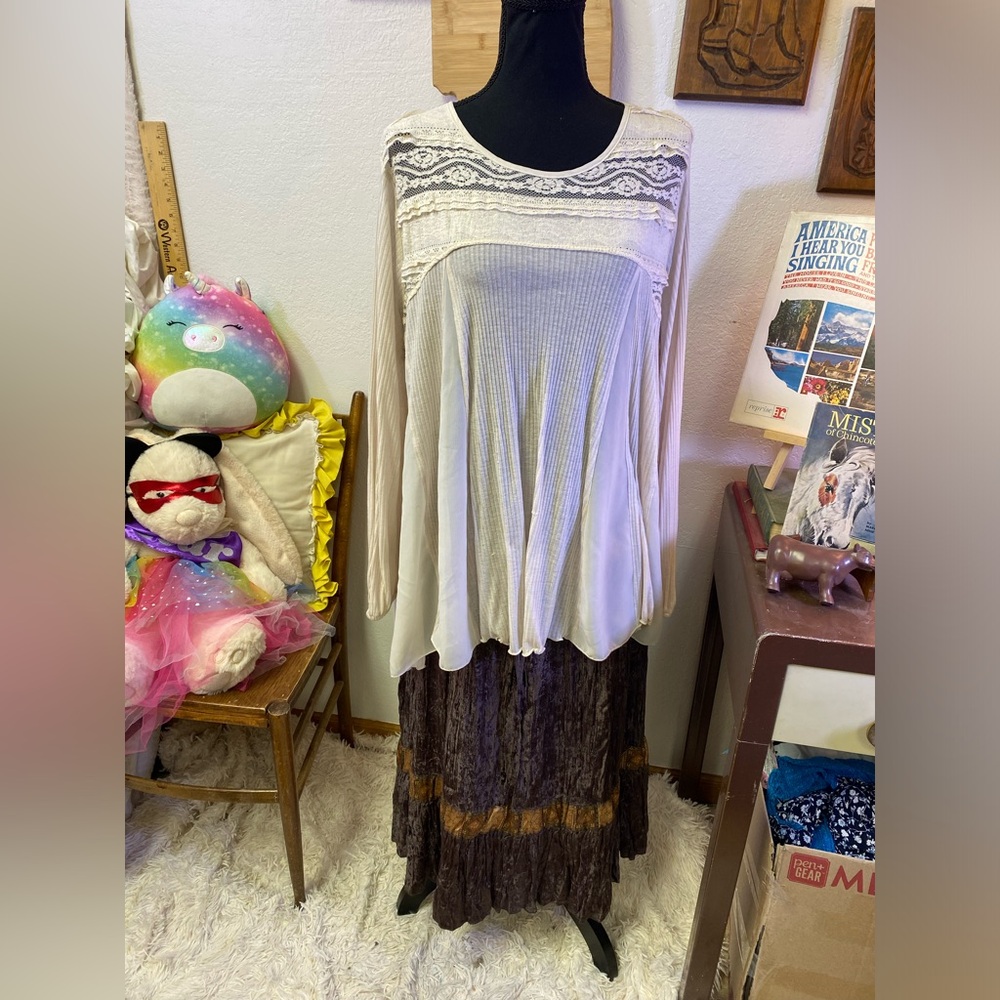 Curated Outfit Brown Boho Chic Western Midi Crinkle Velour Skirt 10P Vest + Top - Picture 5 of 16